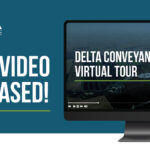 Teal background with a computer monitor showing a landscape with text that reads "DELTA CONVEYANCE PROJECT: VIRTUAL TOUR." Left side says "NEW VIDEO RELEASED!" with DCA logo.