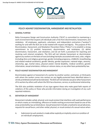 document thumbnail of the DCA Discrimination and Harassment Policy