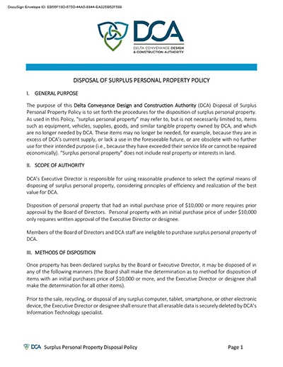 document thumbnail of DCA Disposal of Surplus Property Policy