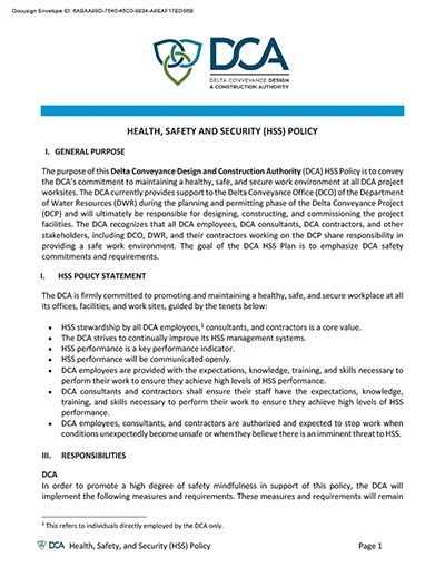 document thumbnail of the DCA Health, Safety and Security Policy