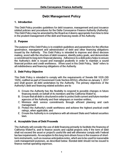 document thumbnail of the DCFA Debt Management Policy