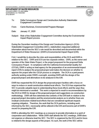 thumbnail of the SEC Memo Outlining Role of the Stakeholder Engagement Committee during the Environmental Impact Report Process